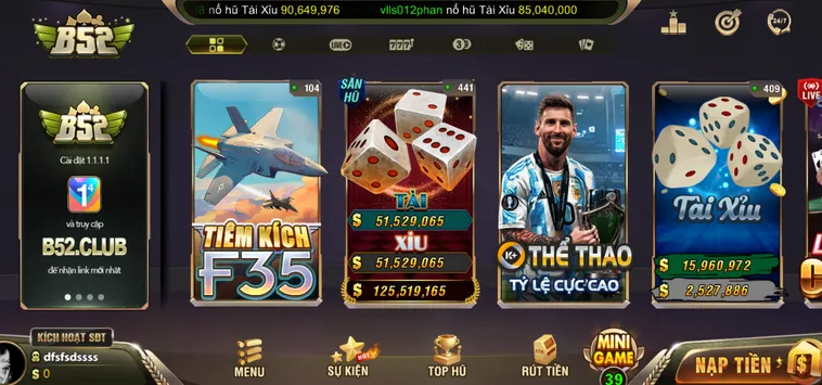 Sảnh cổng game B52 đa dạng thể loại thu hút người chơi.